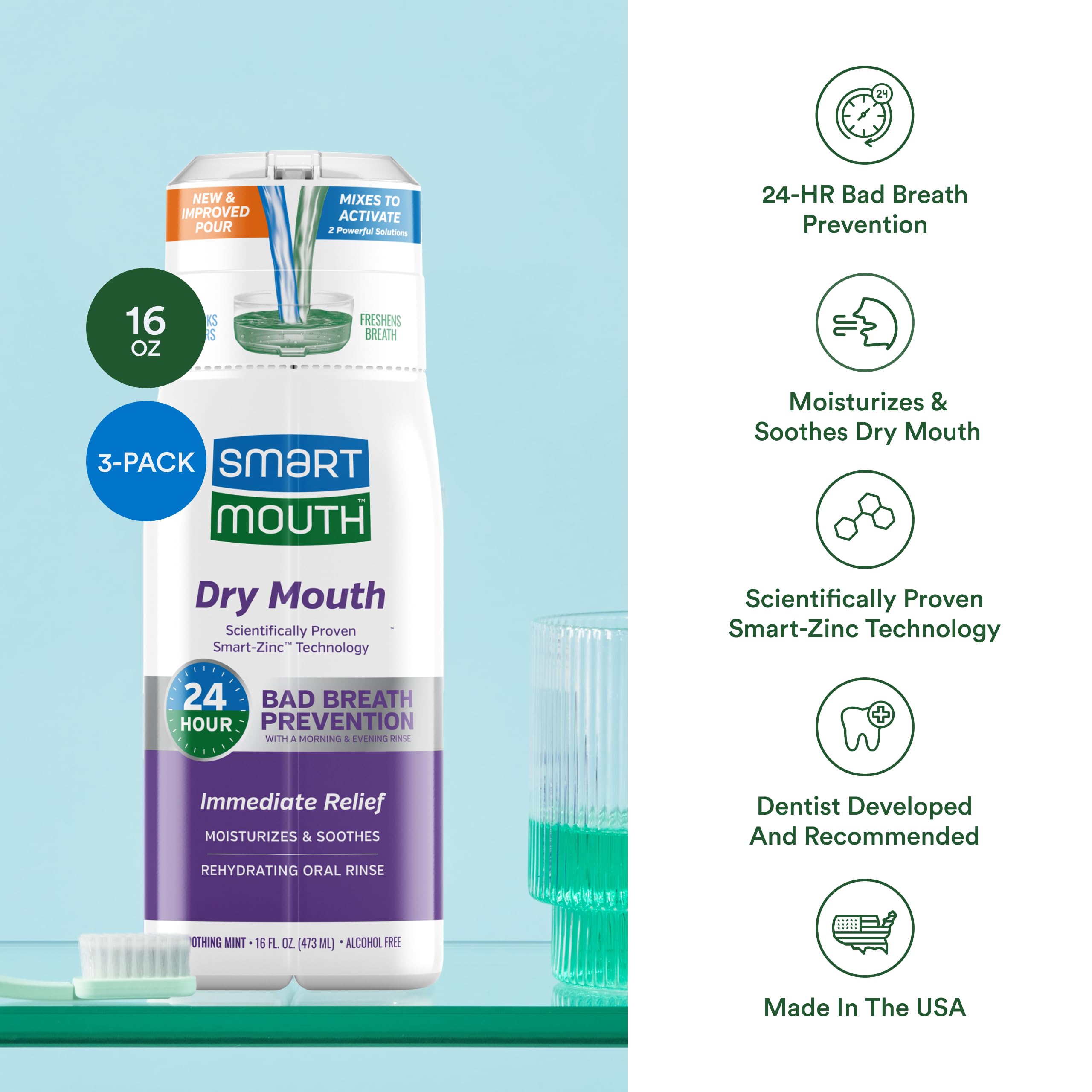 SmartMouth mouthwash bottle closeup emphasizes mint rinse