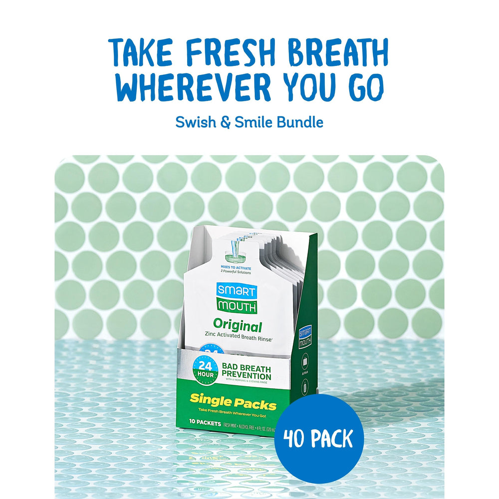 SmartMouth Original Activated Mouthwash 40-pack box illustrating bulk travel solution