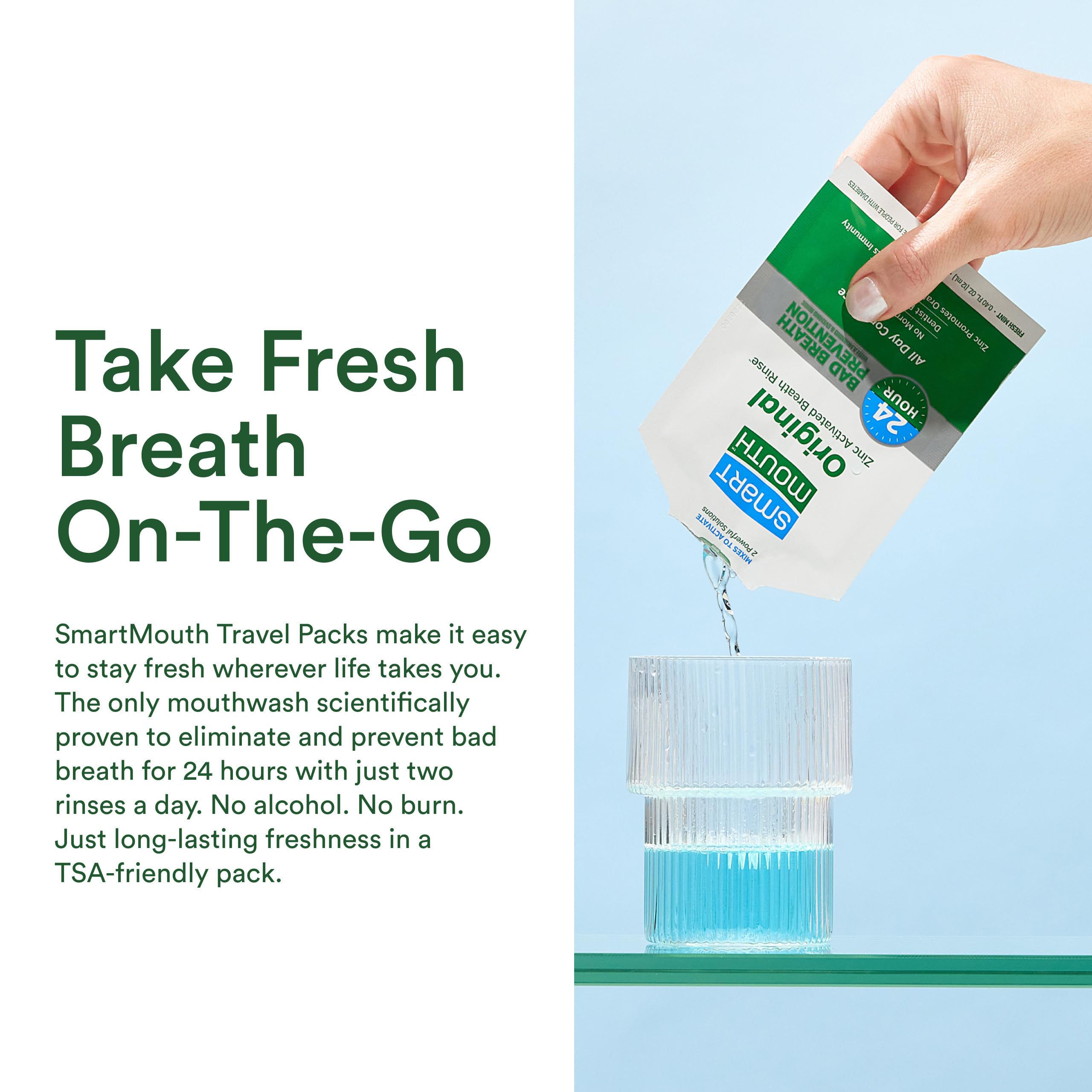 SmartMouth original zinc-activated mouthwash packet with dual-solution for odor control.