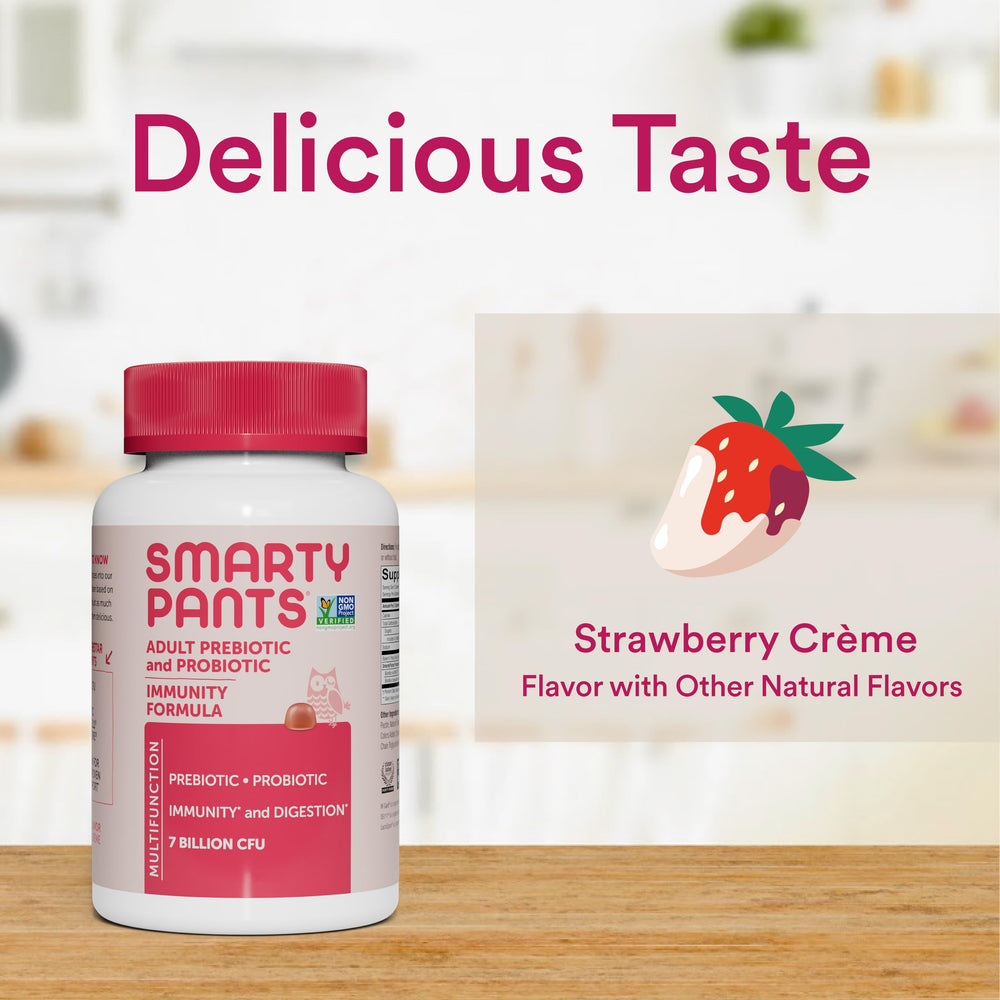 SmartyPants pouring jar suggests serving size and simple daily habit.