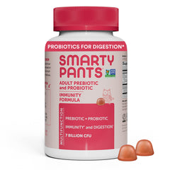 SmartyPants adult probiotic prebiotic gummies in strawberry flavor for convenient daily digestive support.