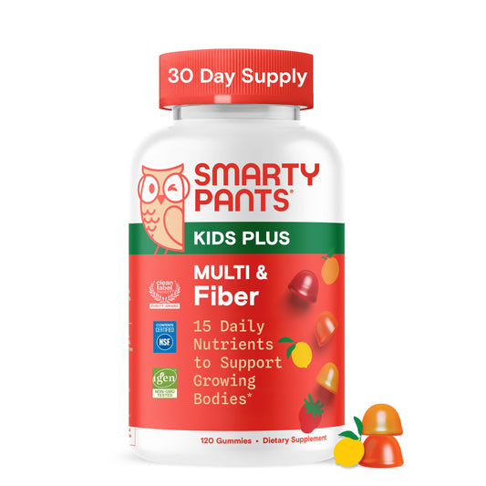 SmartyPants Kids Multivitamin & Fiber Gummies bottle front for daily vitamin and fiber support