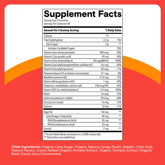 SmartyPants Kids Plus Omegas bottle back highlights ingredients and clean label quality
