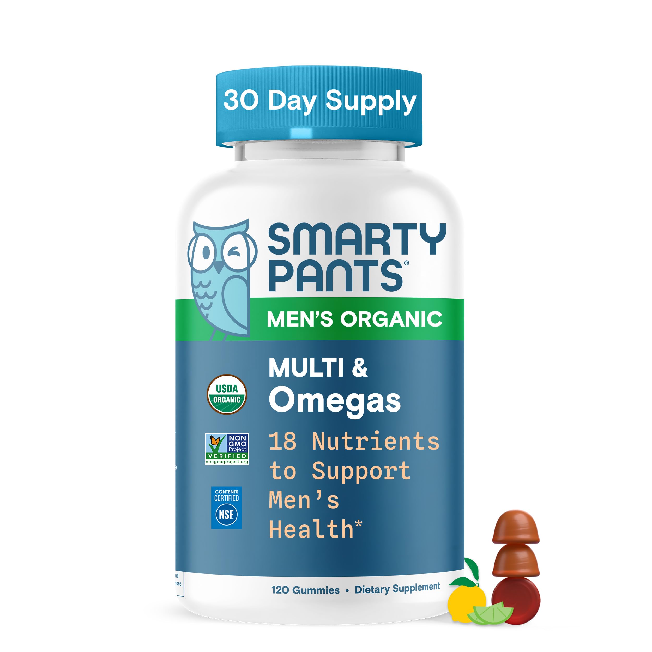 SmartyPants Mens Organic Multivitamin Gummies raspberry flavor for daily energy and immune support.