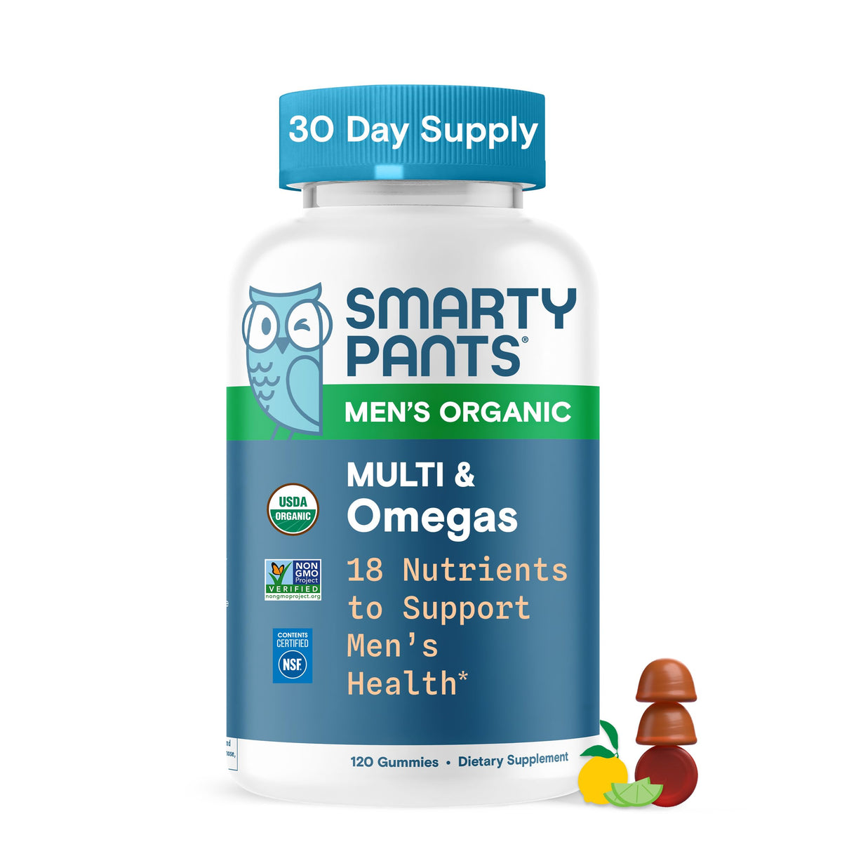 SmartyPants Mens Organic Multivitamin Gummies raspberry flavor for daily energy and immune support.