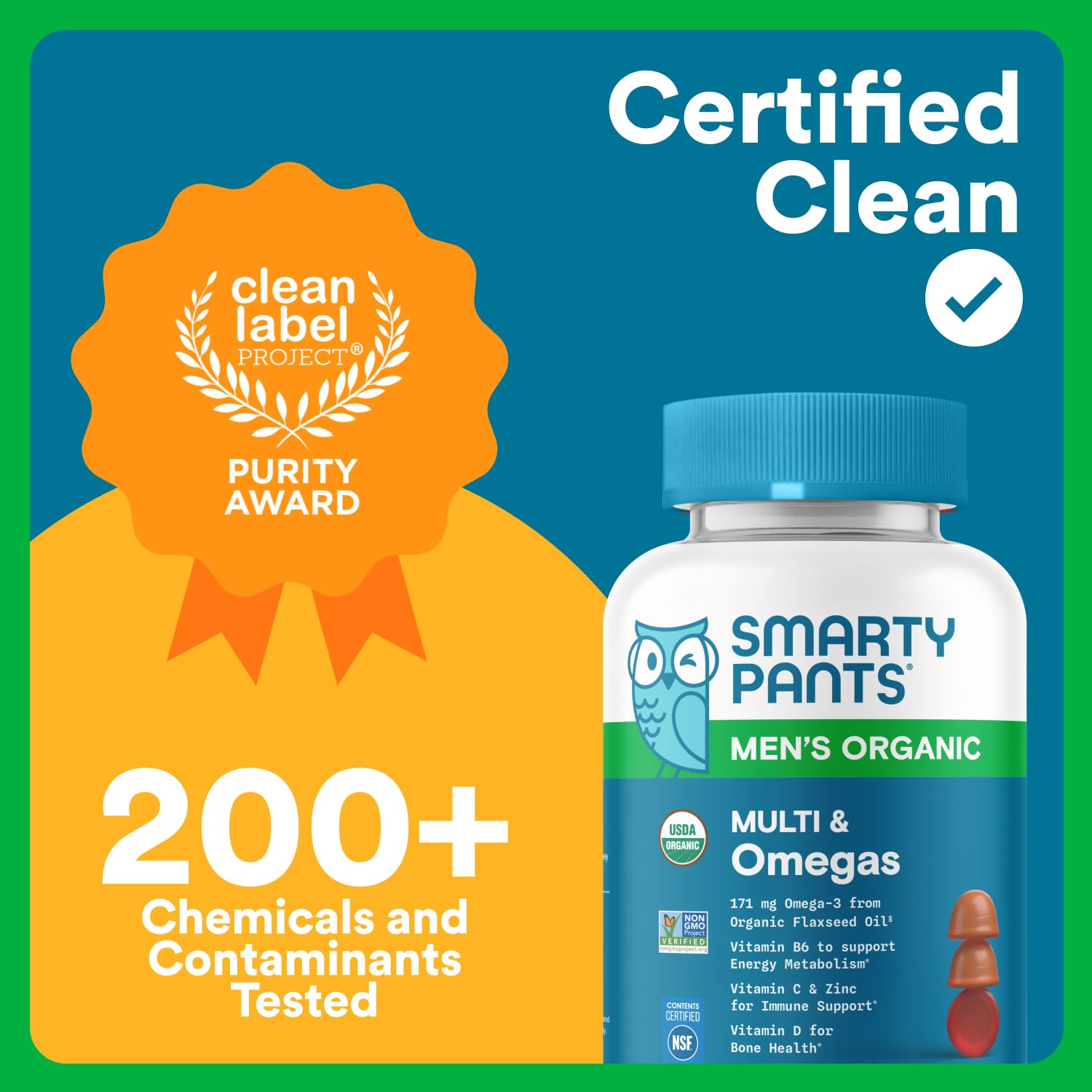 SmartyPants Mens Organic Nutrition Facts sleeve highlighting nutrient richness.