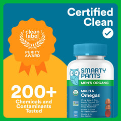 SmartyPants Mens Organic Nutrition Facts sleeve highlighting nutrient richness.