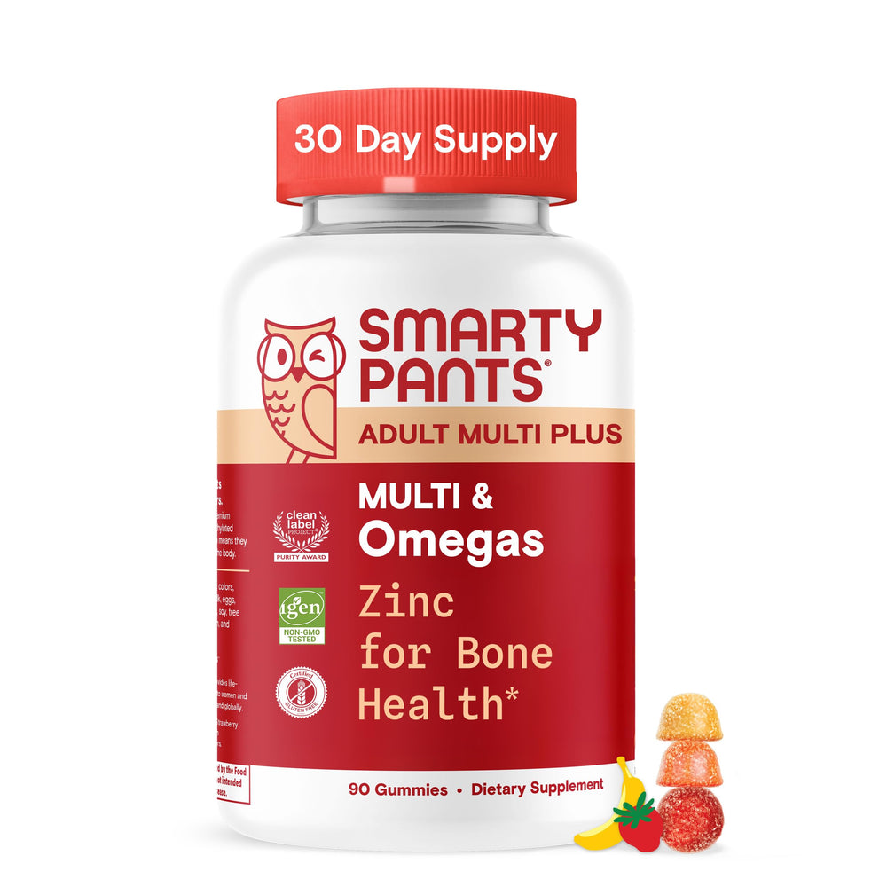 SmartyPants multivitamin gummies with omega-3 bottle front for daily wellness.