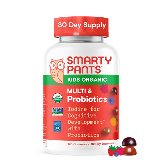 SmartyPants Organic Kids Multivitamin gummies with probiotics for daily nutrition.