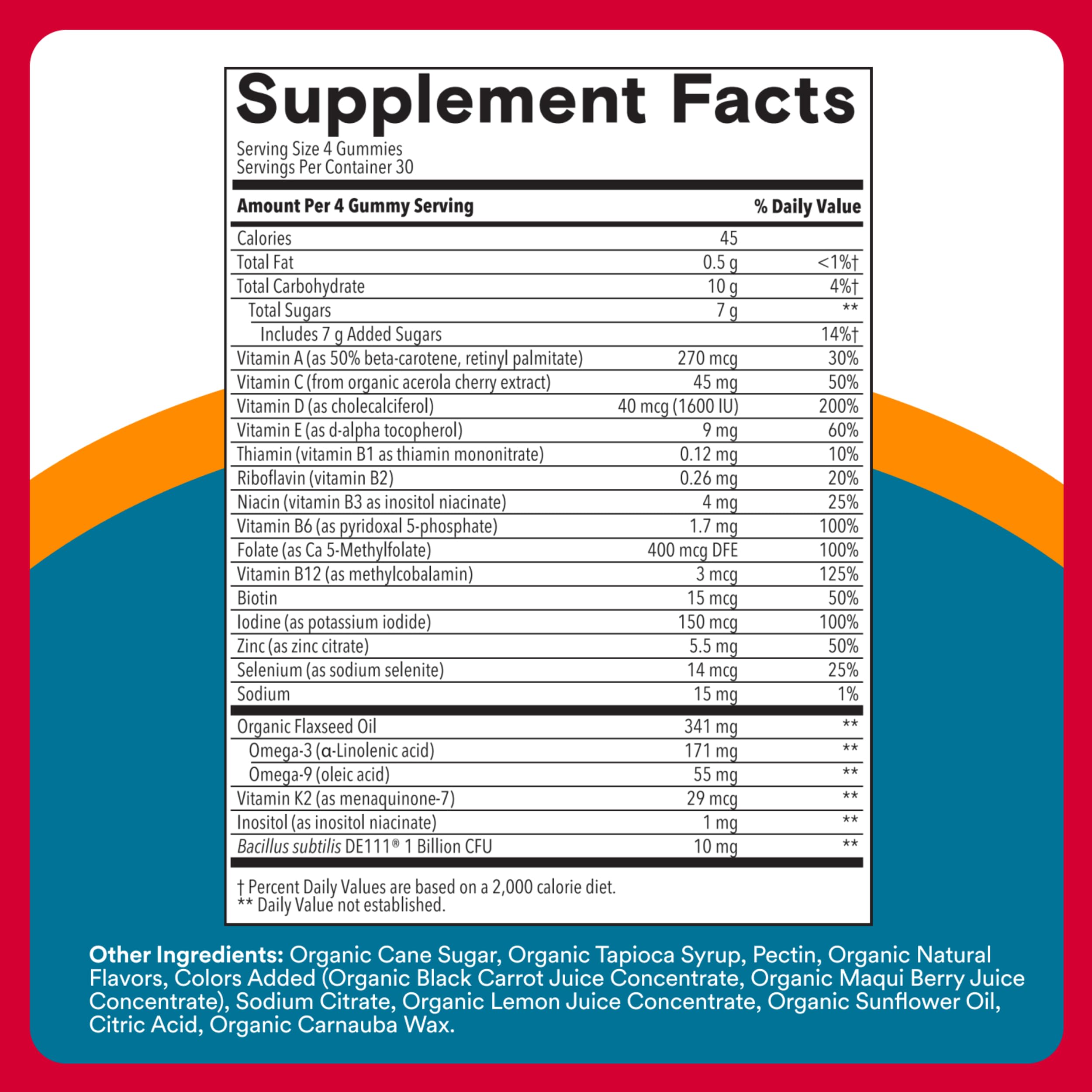 Brand label highlights probiotics and omega-3 for gut and heart support.