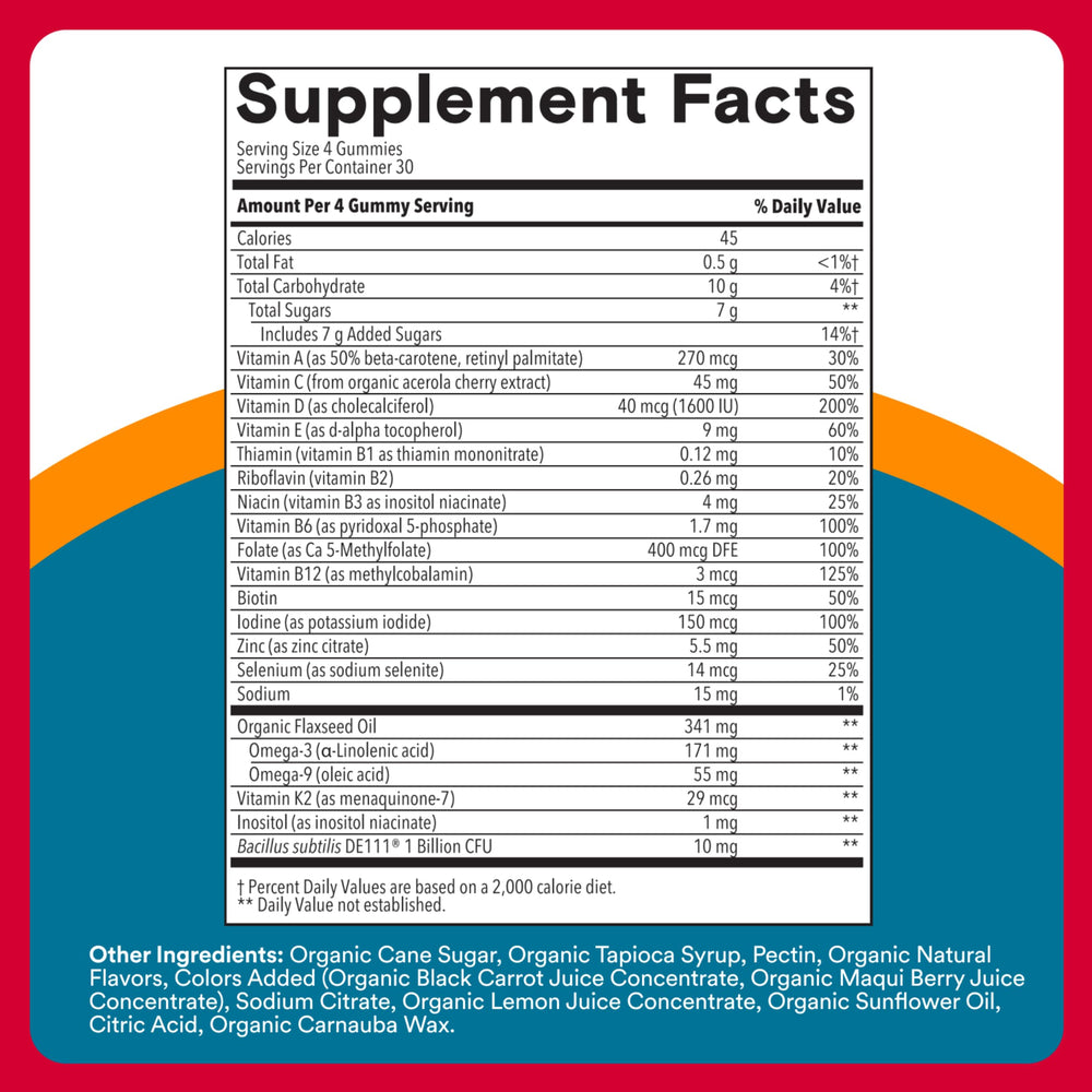 Brand label highlights probiotics and omega-3 for gut and heart support.
