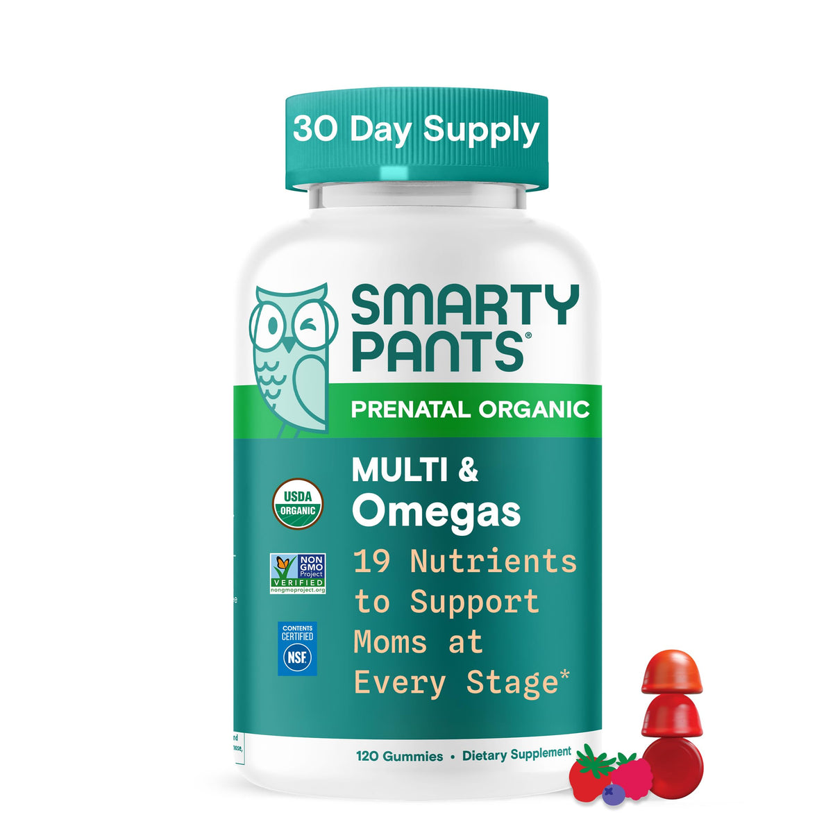 SmartyPants Organic Prenatal bottle front with methylfolate and omega-3 for fetal development support.