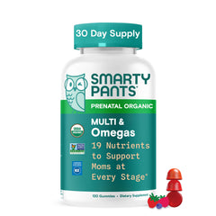 SmartyPants Organic Prenatal bottle front with methylfolate and omega-3 for fetal development support.