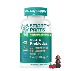 SmartyPants Organic Prenatal Gummies bottle front for convenient daily nutrition.