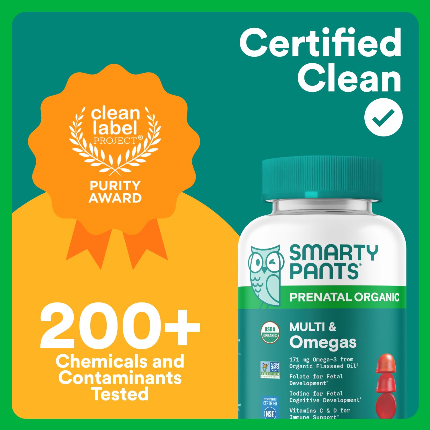 Label focus on organic and vegetarian aspects of SmartyPants Prenatal vitamins.