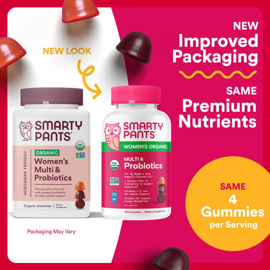SmartyPants Organic Women’s Multivitamin Gummies jar labeled organic certification.