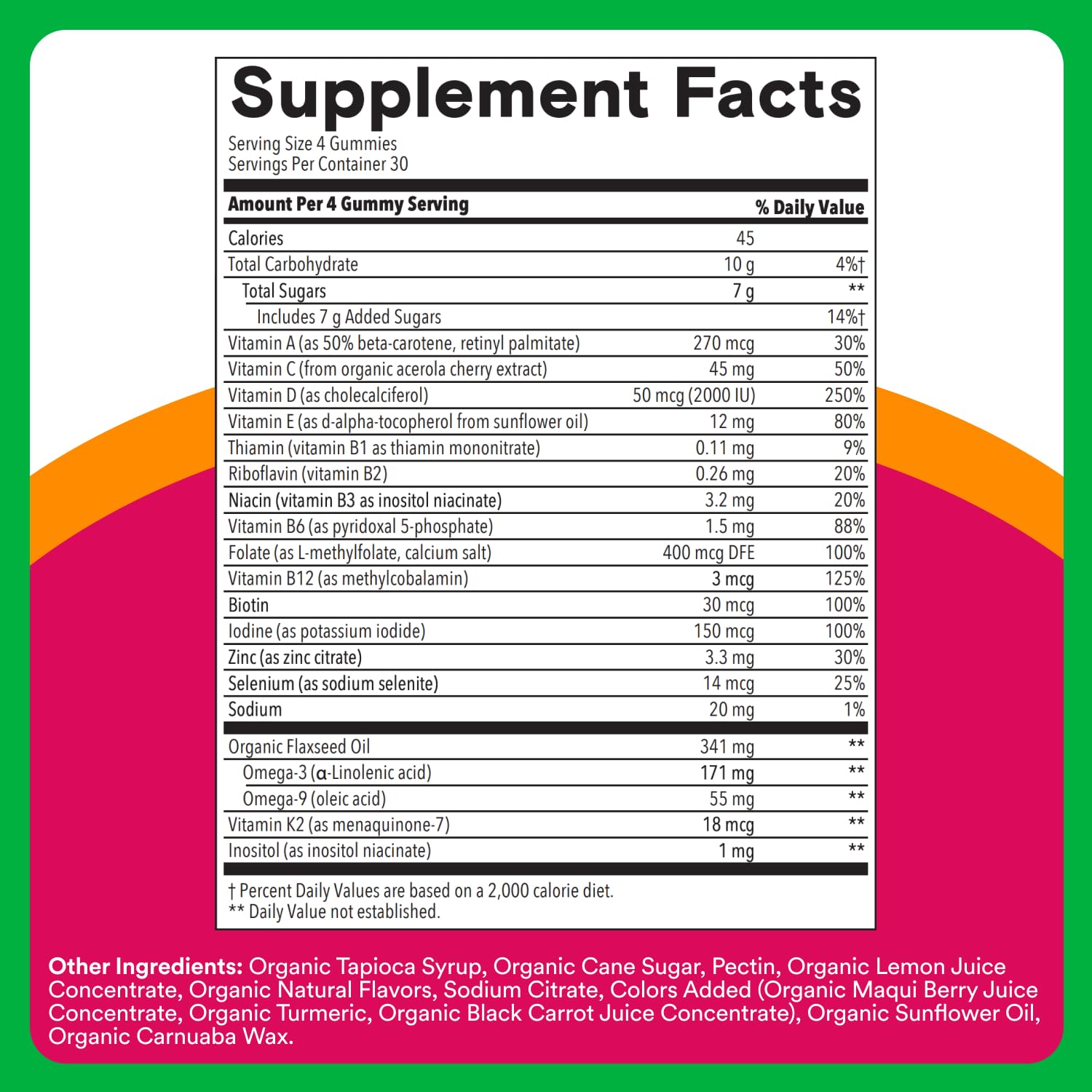 SmartyPants Organic Women’s Multivitamin bottle label emphasizing organic ingredients.