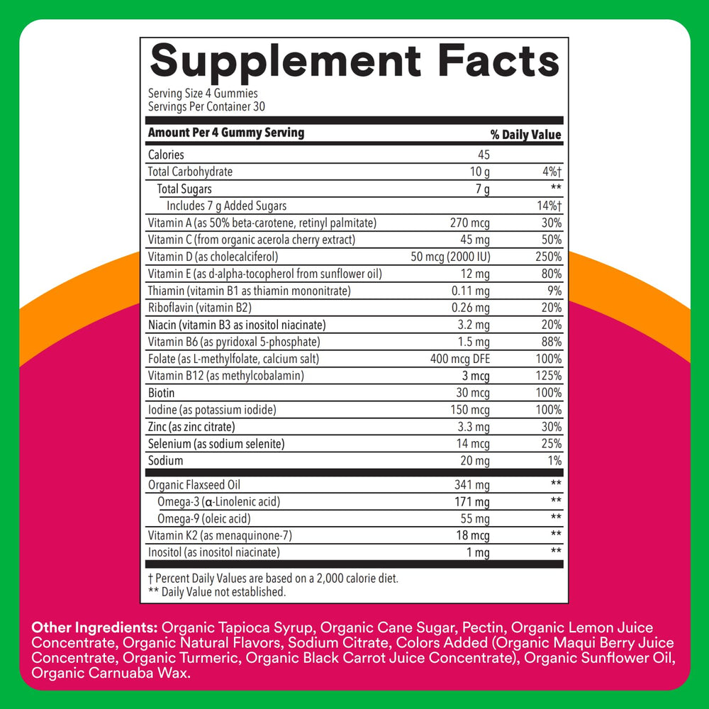 SmartyPants Organic Women’s Multivitamin bottle label emphasizing organic ingredients.