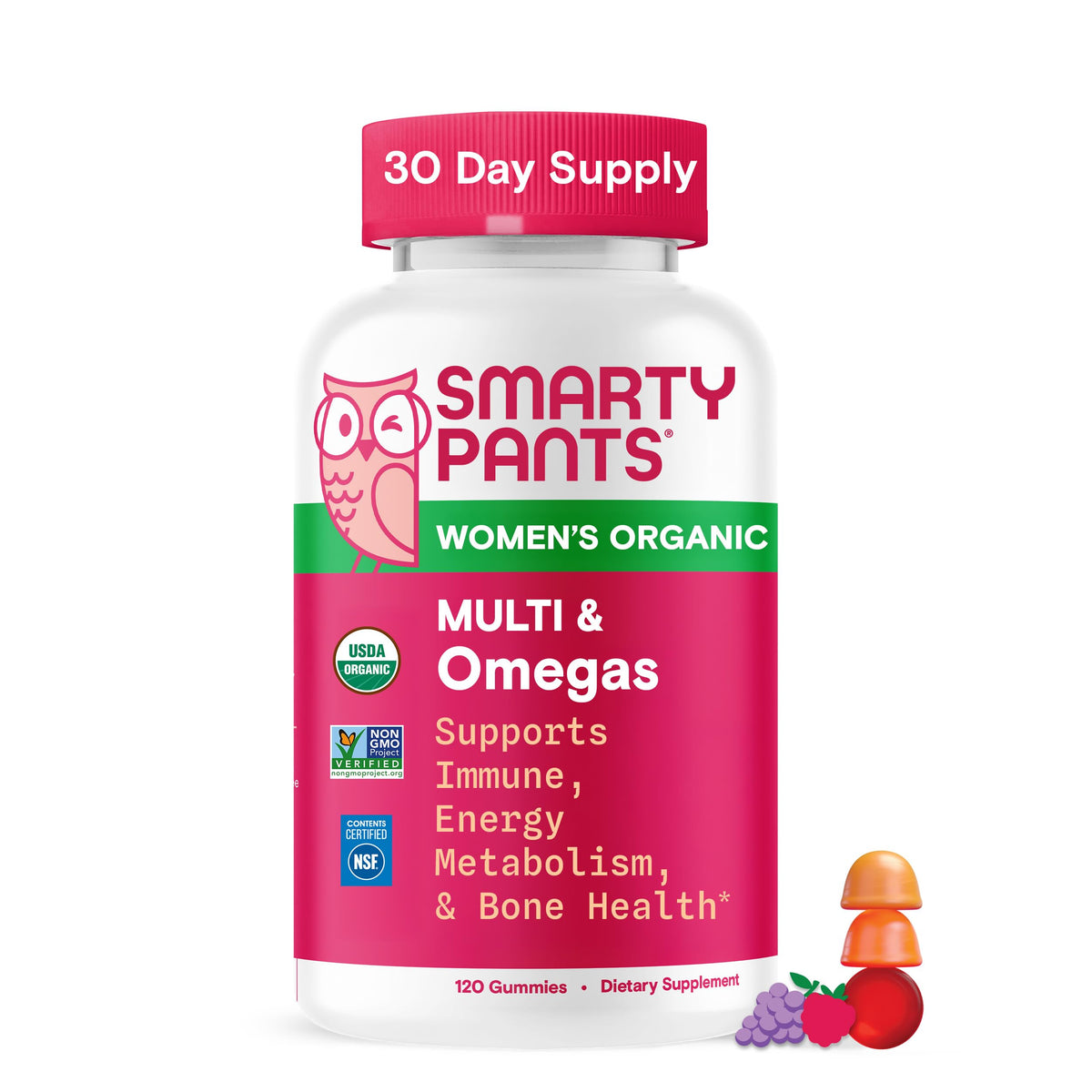 SmartyPants Organic Women’s Multivitamin bottle showing daily nutrient support in a tasty gummy.