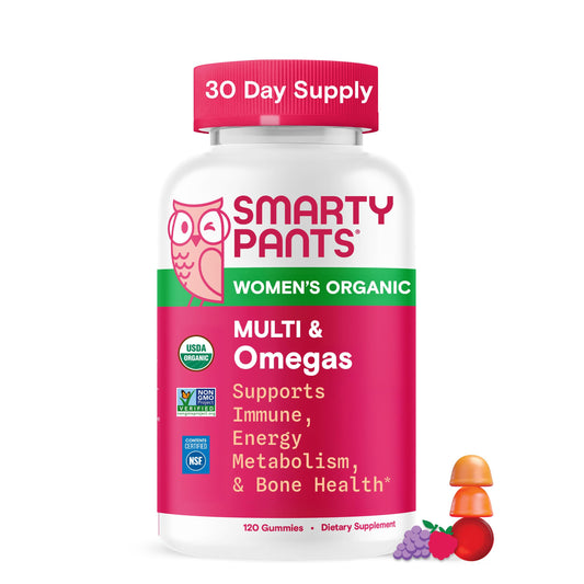 SmartyPants Organic Women’s Multivitamin bottle showing daily nutrient support in a tasty gummy.