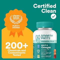 SmartyPants Prenatal Plus clean-label purity badge signifying third-party testing