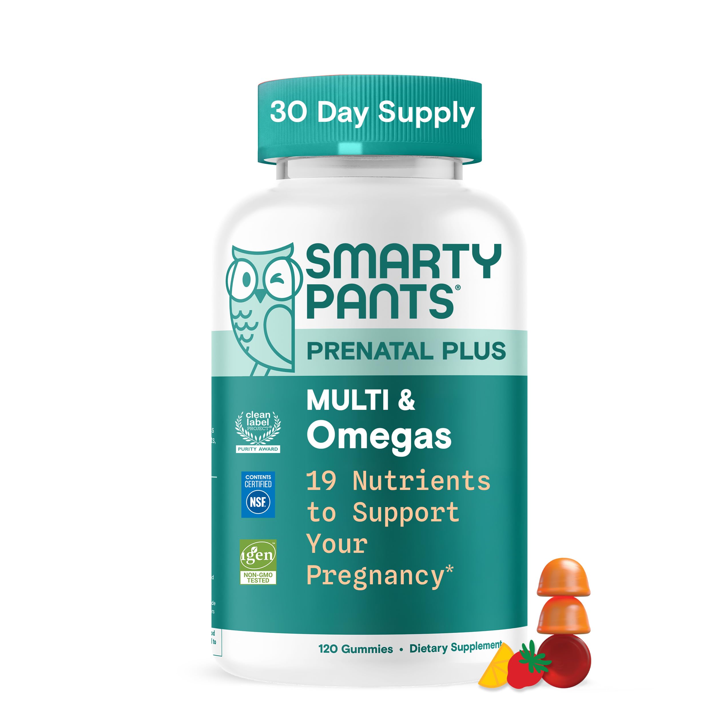 SmartyPants Prenatal Plus bottle front shows daily pregnancy vitamins.