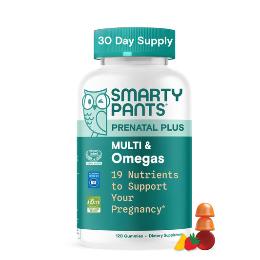 SmartyPants Prenatal Plus bottle front shows daily pregnancy vitamins.