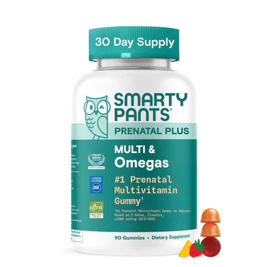SmartyPants Prenatal Plus bottle with omega-3 gummies for daily prenatal nutrition