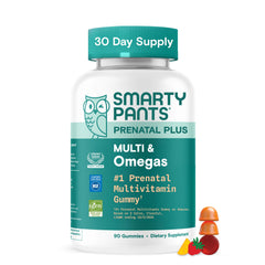 SmartyPants Prenatal Plus bottle with omega-3 gummies for daily prenatal nutrition