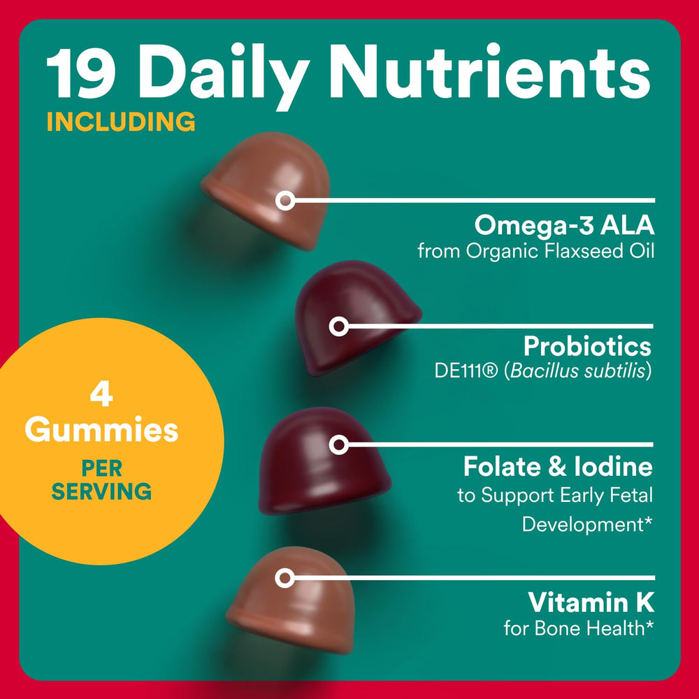 SmartyPants prenatal probiotics gummies emphasize gut-friendly support.