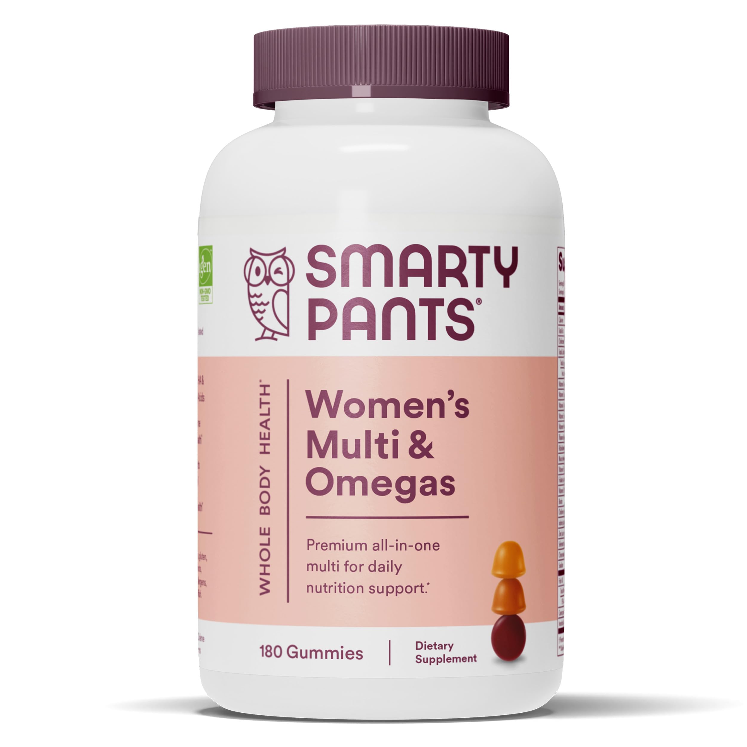 Smartypants Women's Multi & Omega bottle shot highlights omega-3 support for daily wellness.