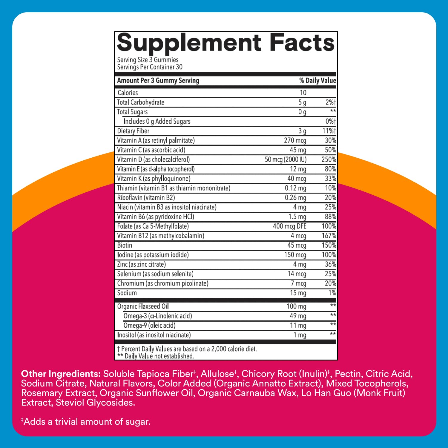 SmartyPants Zero Sugar Multi & Omegas nutrition panel highlighting 19 nutrients