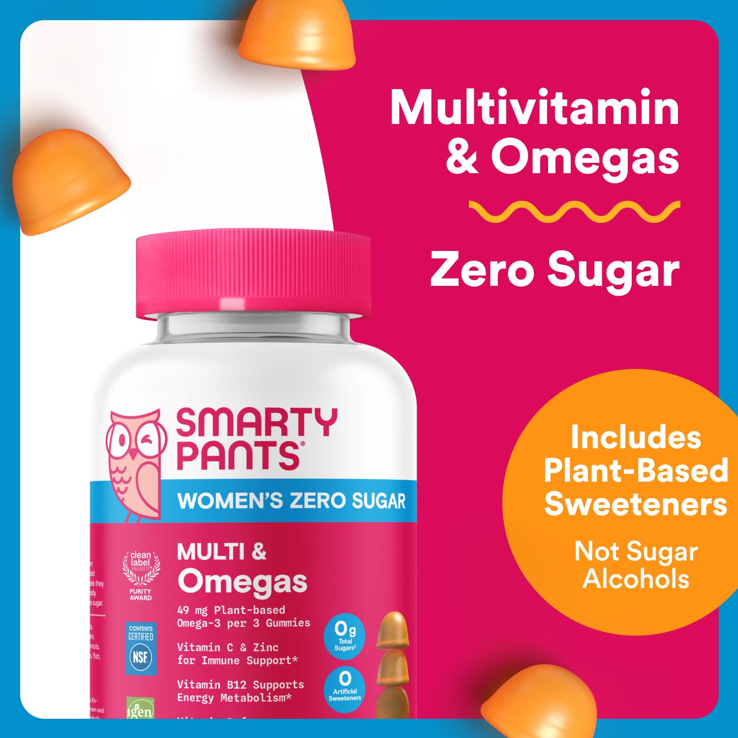 SmartyPants Zero Sugar Women’s Multi & Omegas orange gummies in a tasty, sugar-free form