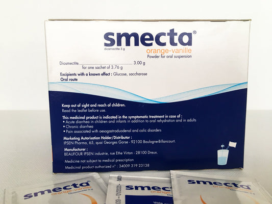 Close-up of Smecta IPSEN Original 3g sachets for digestive comfort