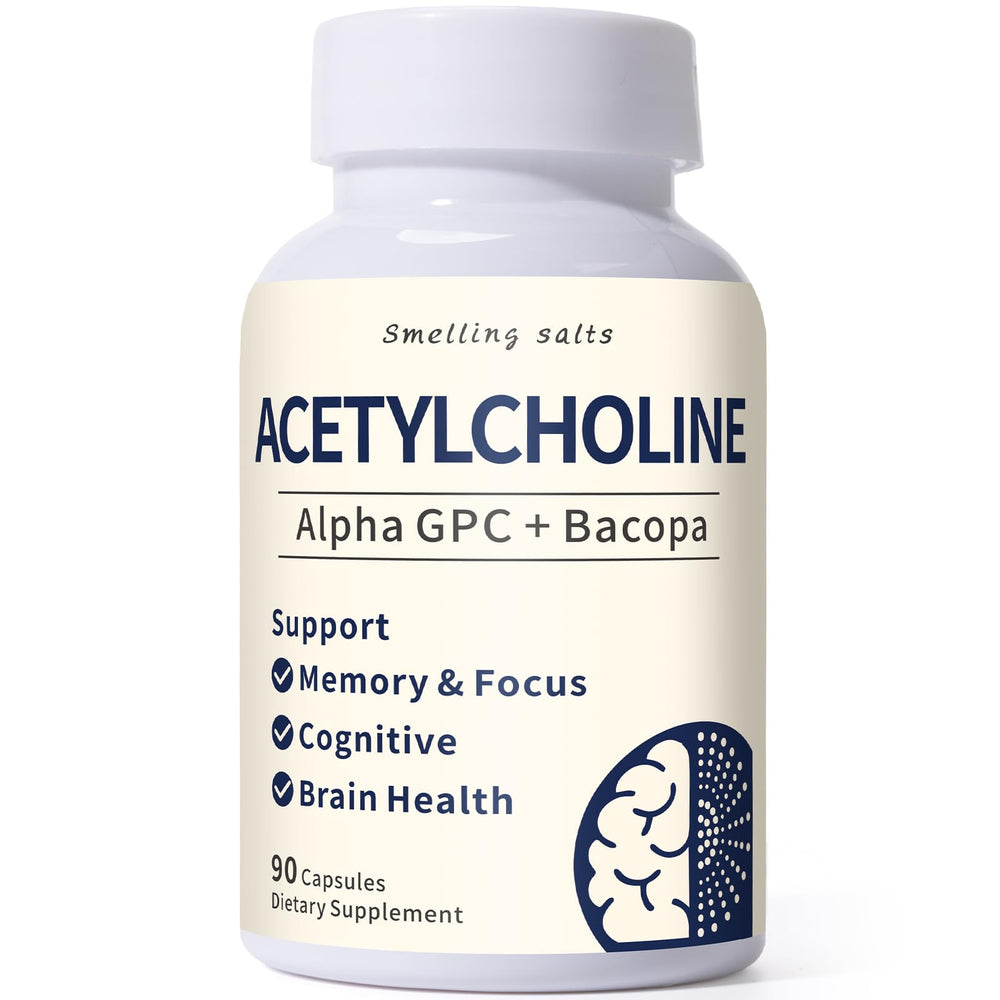 Smelling salts acetylcholine Alpha-GPC bottle close-up highlighting cognitive support