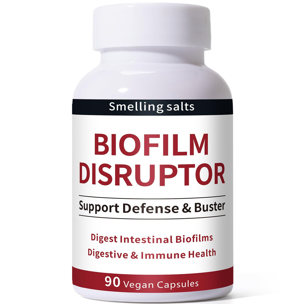 Smelling salts Biofilm Disruptor bottle label highlighting gut support and immune-friendly benefits.