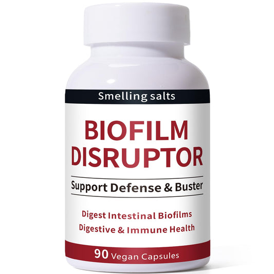 Smelling salts Biofilm Disruptor bottle label highlighting gut support and immune-friendly benefits.