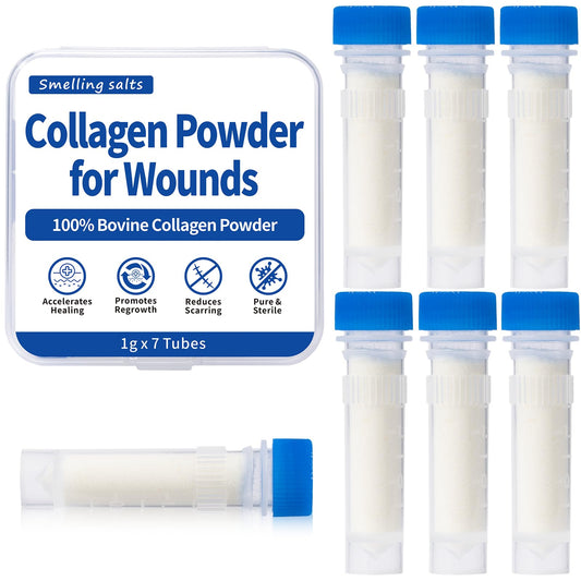 Smelling salts collagen powder wound care jar close-up, promoting moist healing environment.