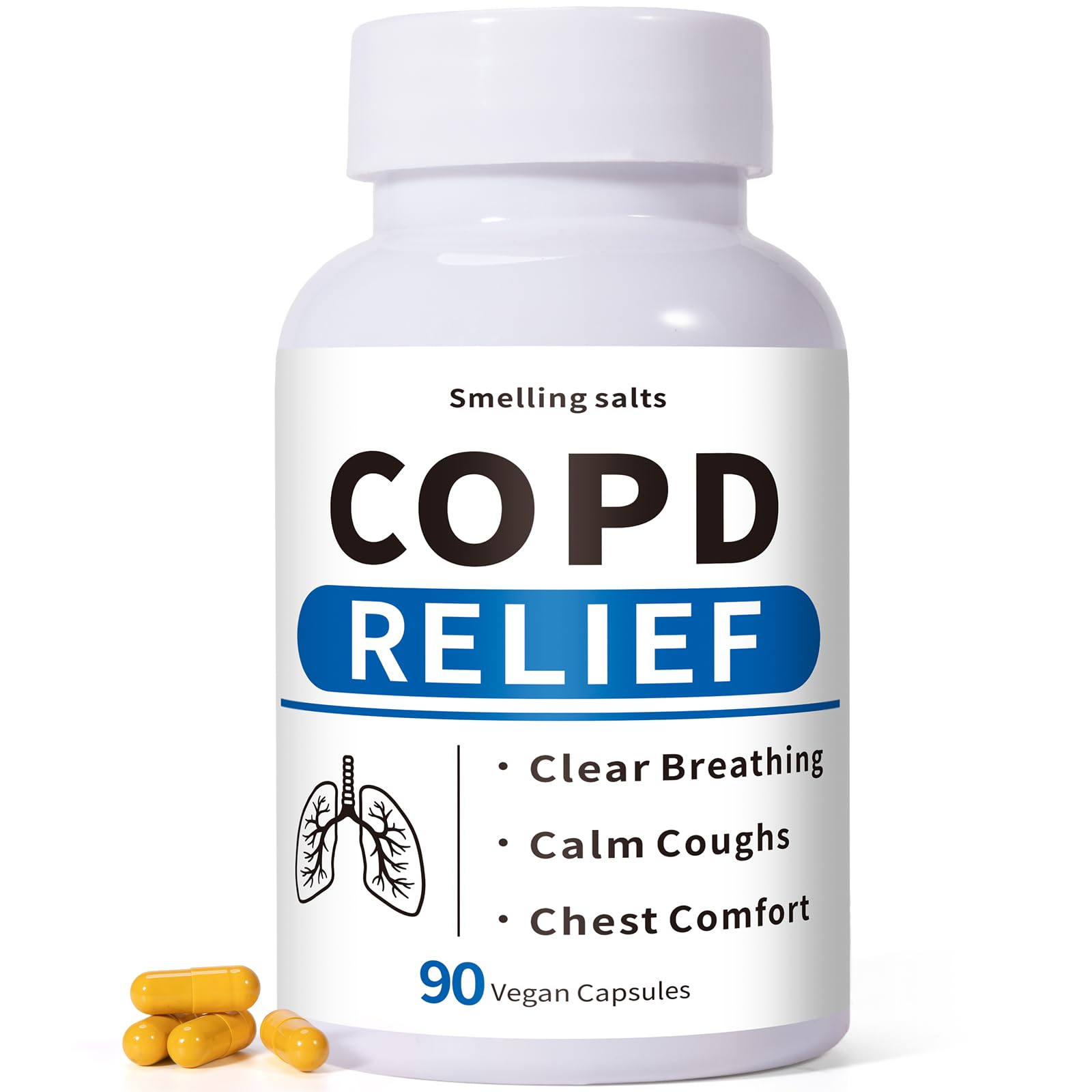 Smelling salts COPD supplement bottle front shows the formula for breathing support