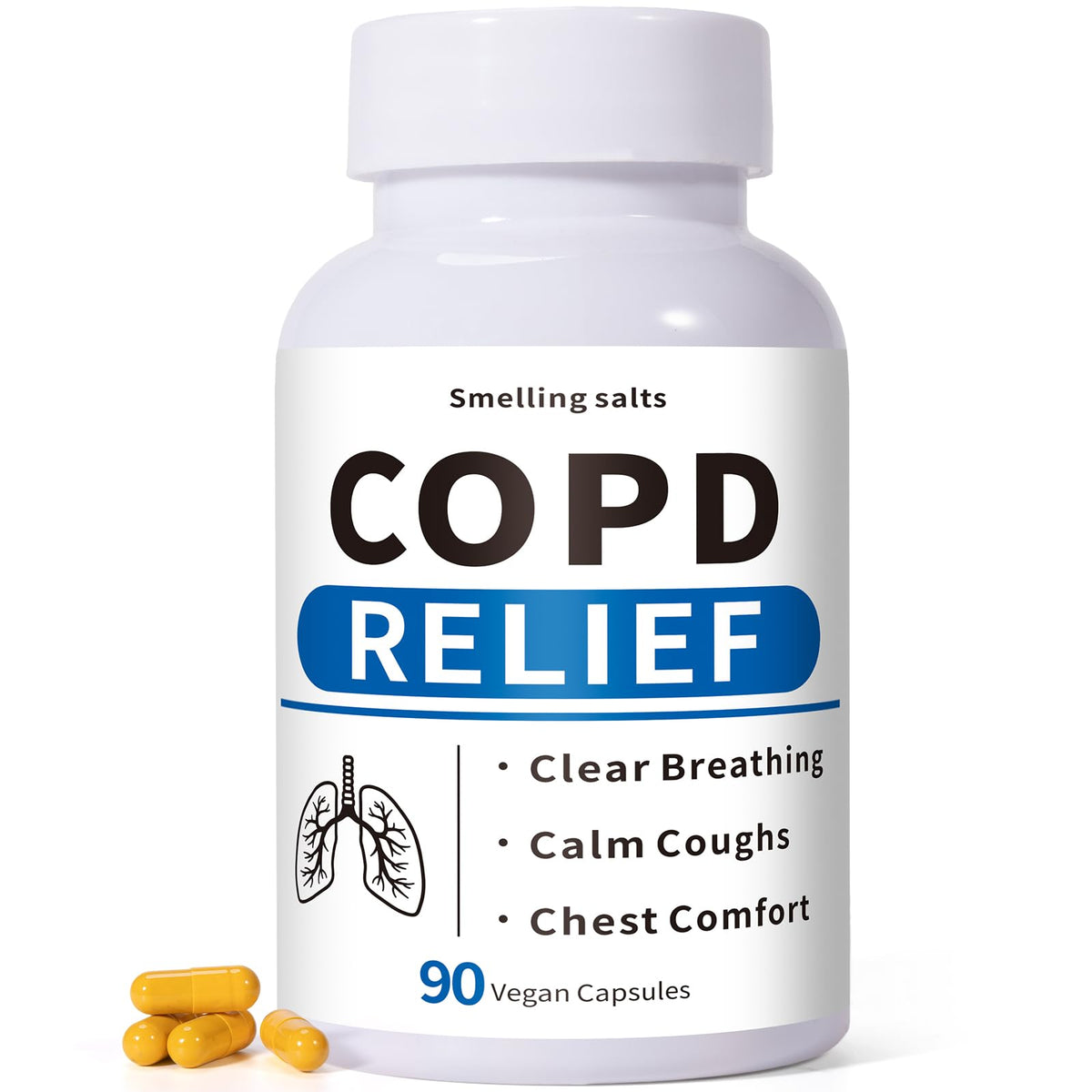 Smelling salts COPD supplement bottle front shows the formula for breathing support