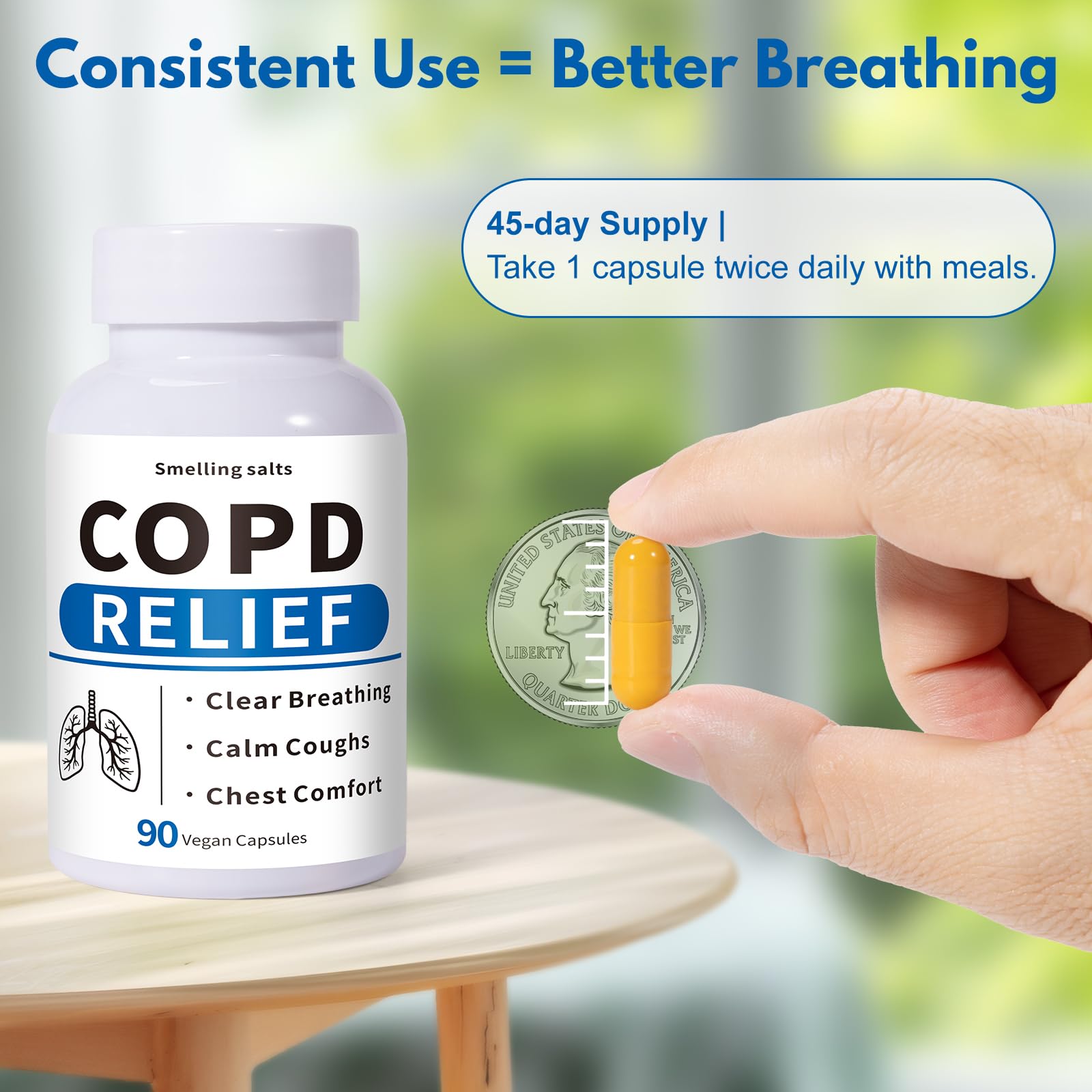 Smelling salts COPD supplement use scene depicts calm, flowing breathing during daily activities