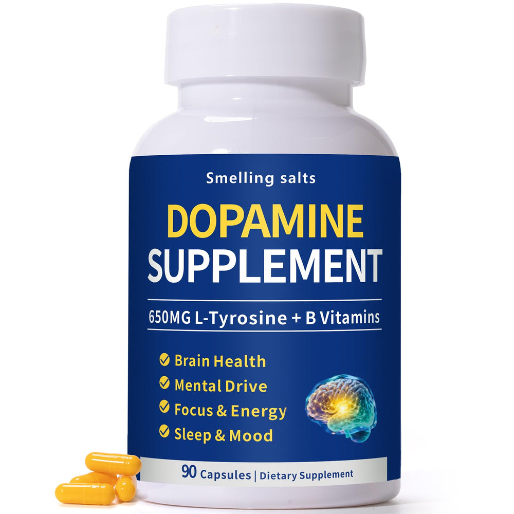 Smelling salts dopamine supplement bottle shows 650 mg L-Tyrosine for focused energy.
