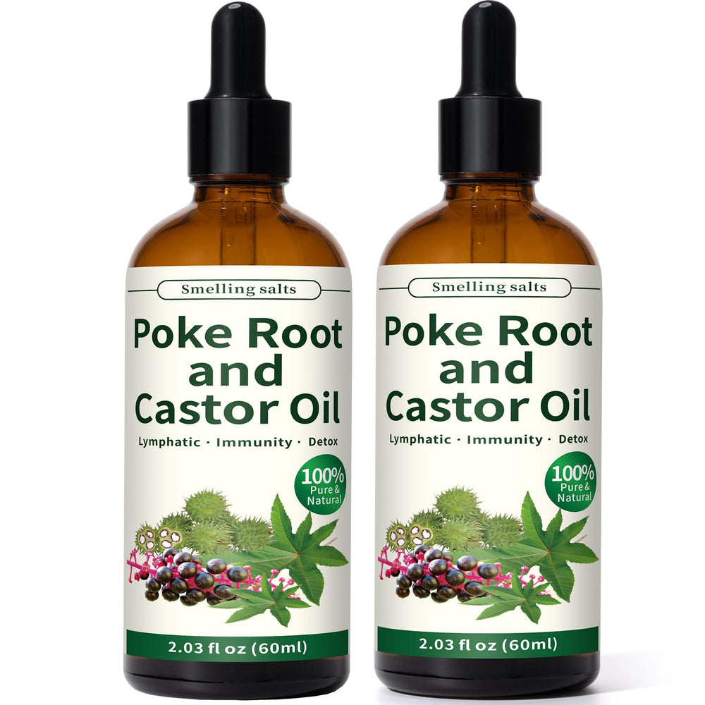 Smelling salts poke root and castor oil bottle front showing organic formula for lymphatic support.