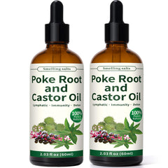 Smelling salts poke root and castor oil bottle front showing organic formula for lymphatic support.