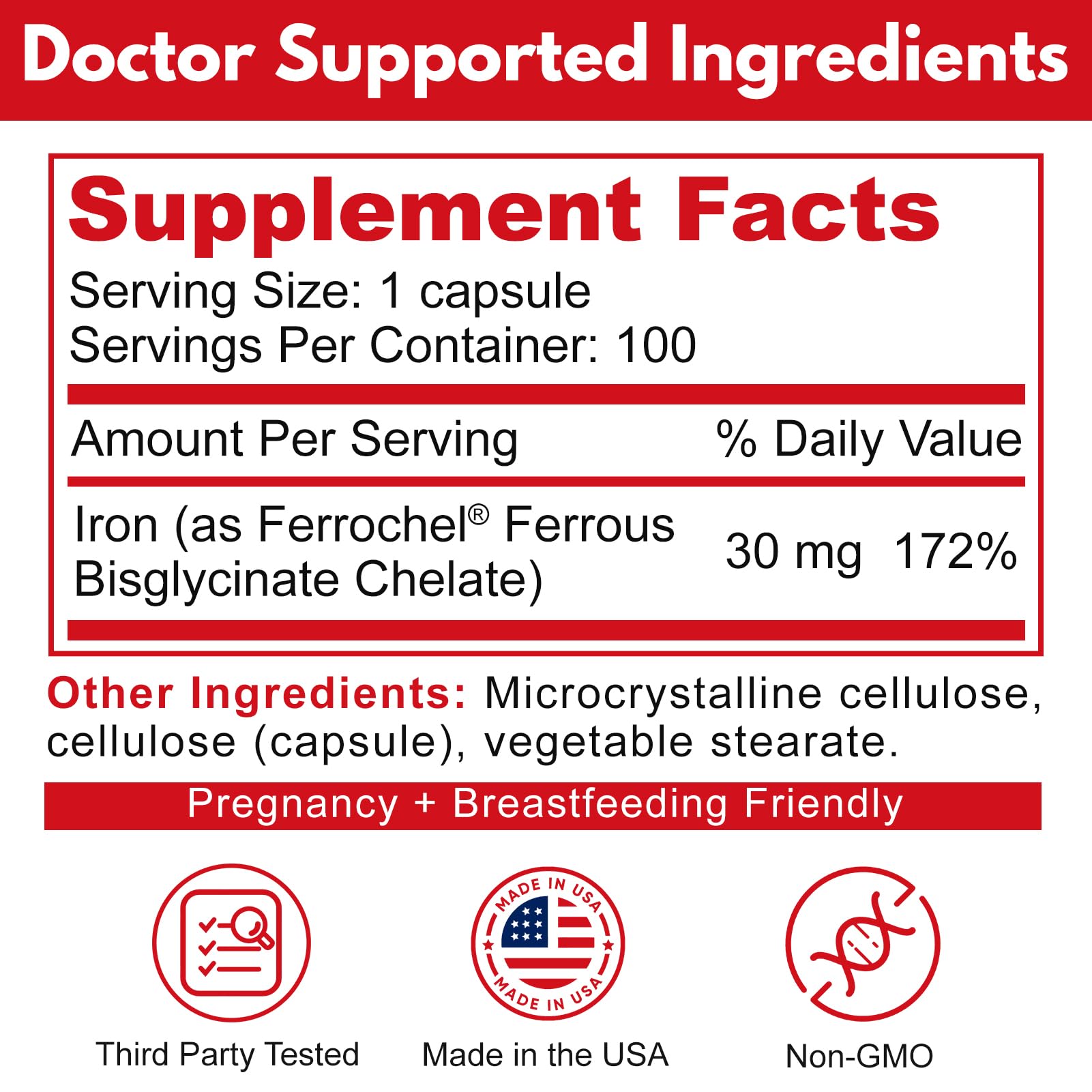 Smelling salts Reacted Iron bottle label shows 100 capsules for convenient daily use.