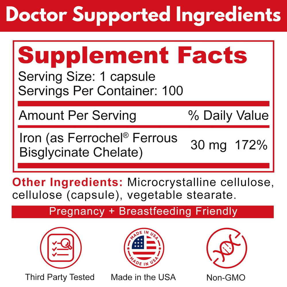 Smelling salts Reacted Iron bottle label shows 100 capsules for convenient daily use.