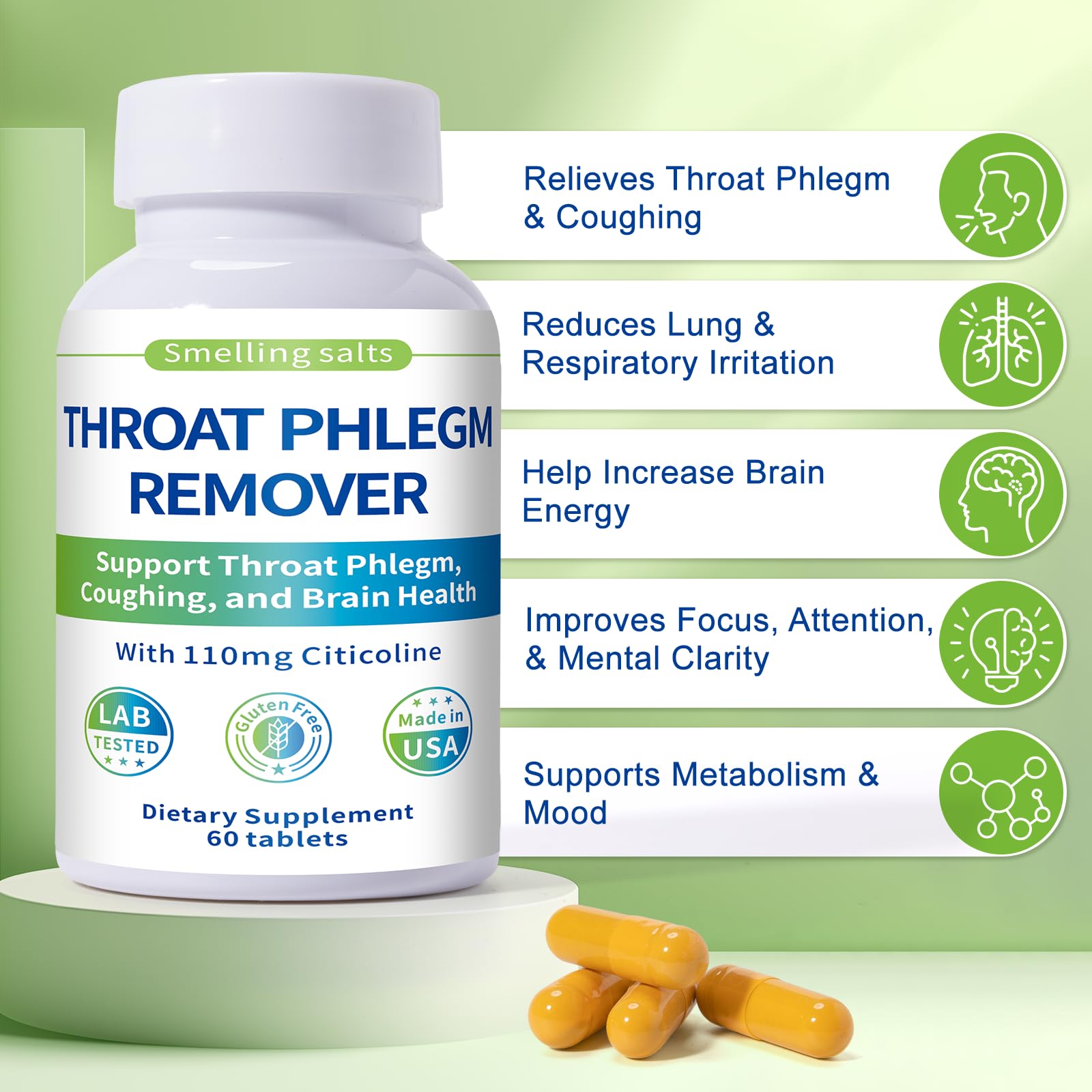 Smelling salts Throat Phlegm Remover capsules neatly arranged, potential relief for coughing.