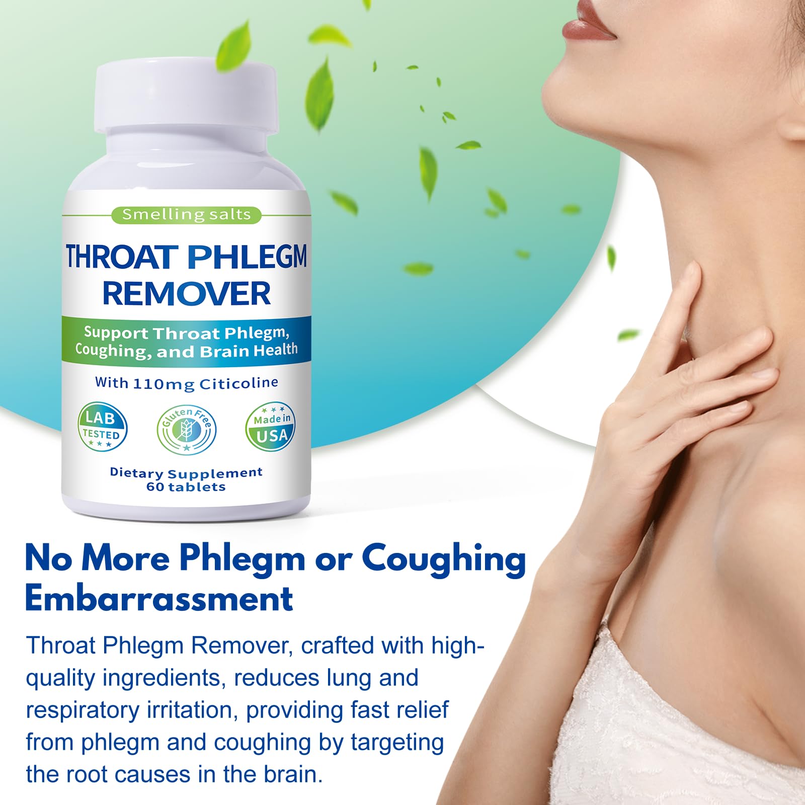 Smelling salts Throat Phlegm Remover packaging close-up, vegan-friendly formula highlighted.