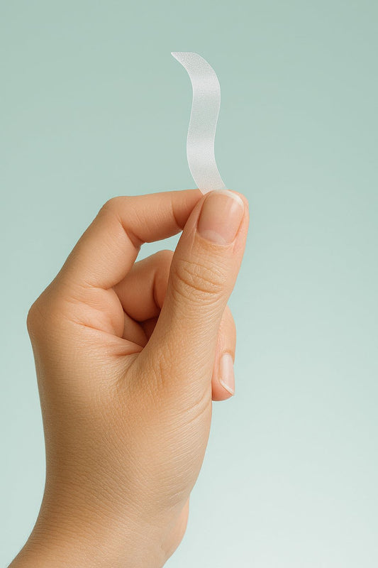 SmileSet teeth whitening strips placed on teeth with mint formula for a brighter smile.