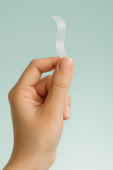 SmileSet teeth whitening strips placed on teeth with mint formula for a brighter smile.